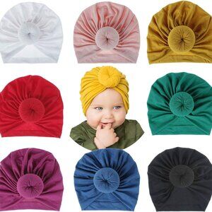 8 Pack Solid Green Blue Red Pink Gray Large Donut Ball Knot Bow Cotton Beanie Tu